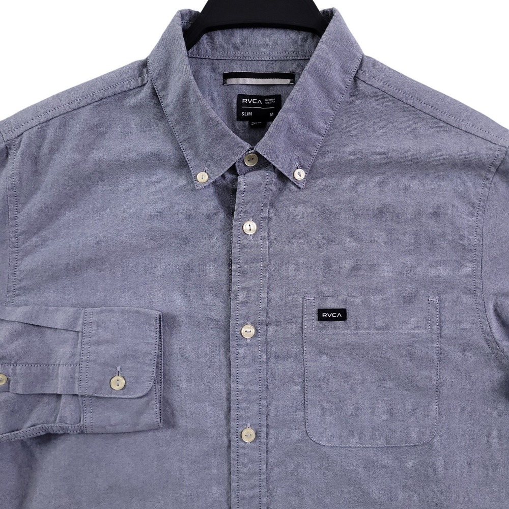 RVCA Shirt Mens M Slim Fit Blue Chambray Button Up Long Sleeve